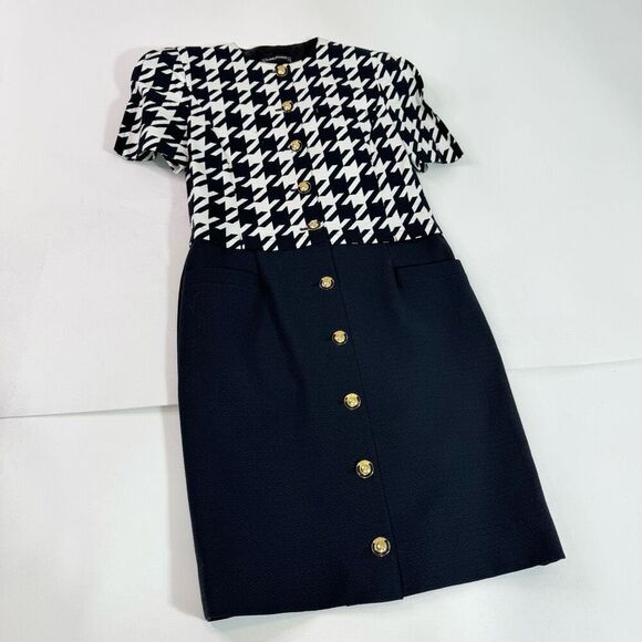 LOUIS FERAUD VTG Dress Womens 8 Houndstooth Black Old Money Made in W.Germany - Picture 1 of 10